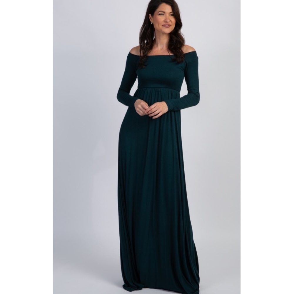 PinkBlush Forest Green Off Shoulder Maternity Maxi Dress